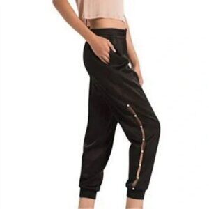 Alice + Olivia High Waist Pearl Pete Black Satin Joggers Size Large